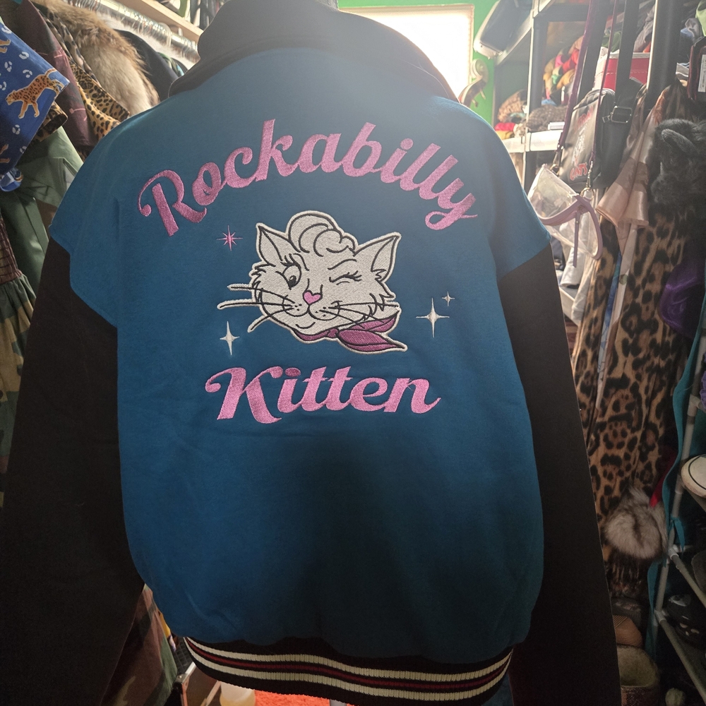 Rockabilly Kitten Blue and Black Womens Jacket. Bust 48 Inches